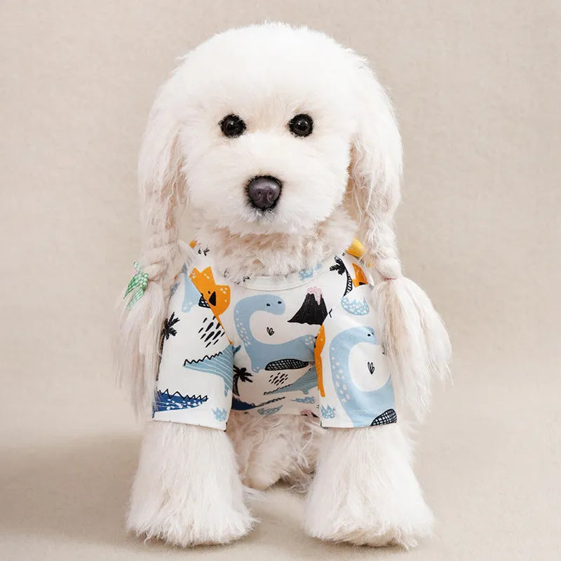 Casual printed dog t-shirt in multiple colours, shown with a sizing chart for small dogs.