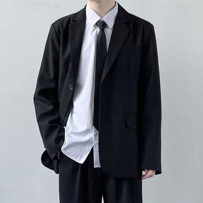 Plus size men's college style suit jacket in polyester with trousers, white shirt, and tie.