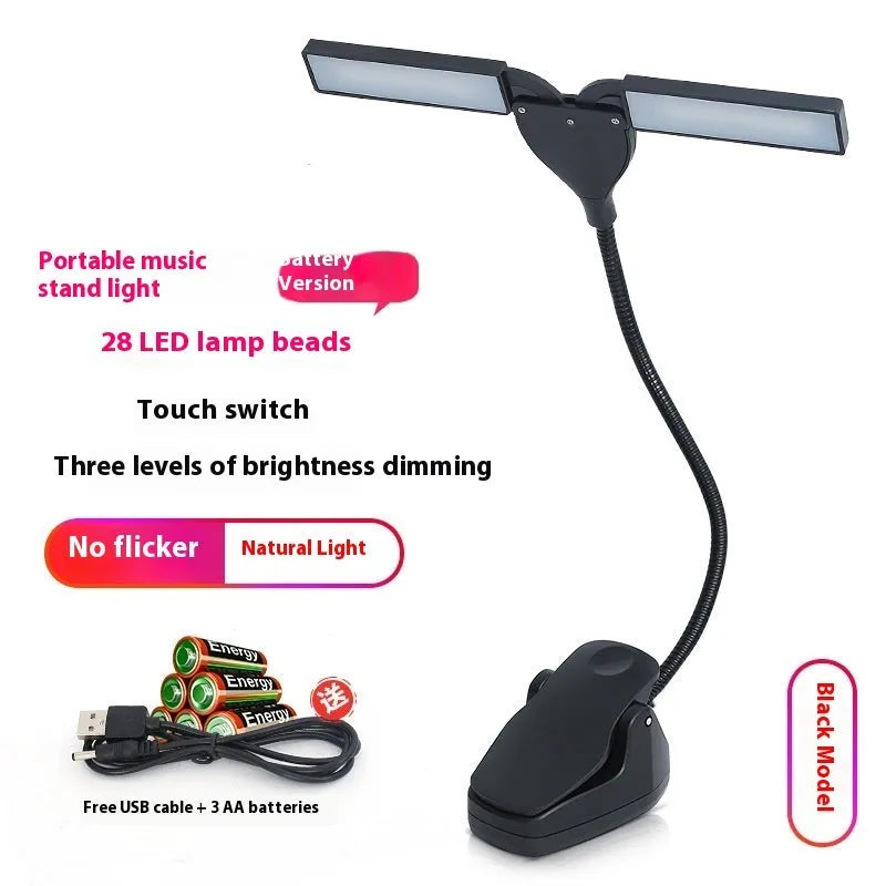 Black rechargeable music stand lamp with 28 LEDs clipped to a metal stand.
