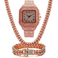 Square Roman numeral quartz watch with diamond studs on black mesh band, with matching bracelet and necklace.