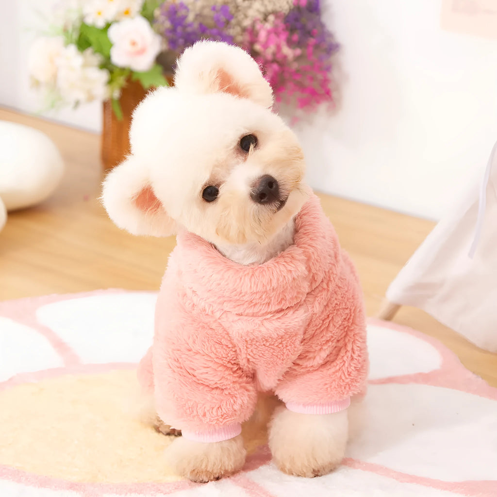 Double-sided thick plush dog clothing with high collar and towing ring in blue, khaki, and pink colours