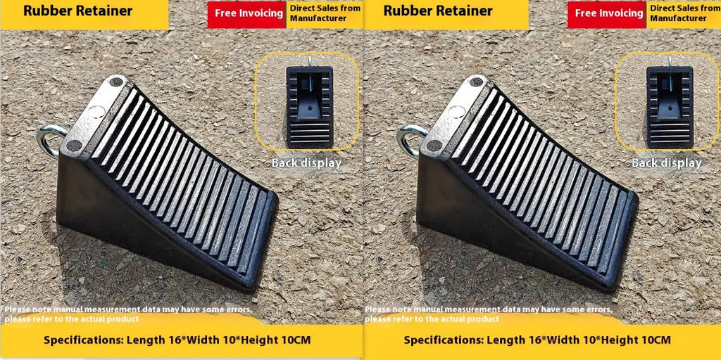 Portable car anti-slip retainer triangle made of rubber and plastic for ramp use, sizes 10x10x16cm and 21x11x10cm.