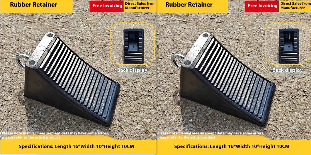 Portable car anti-slip retainer triangle made of rubber and plastic for ramp use, sizes 10x10x16cm and 21x11x10cm.