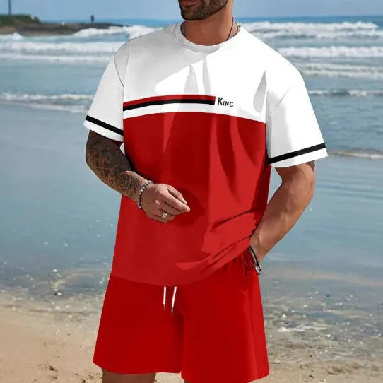 Man wearing a loose light blue short-sleeved t-shirt and matching shorts from a polyester summer set.