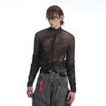 Men's black grey half turtleneck long-sleeved t-shirt with mesh zipper detail on the bottom hem.