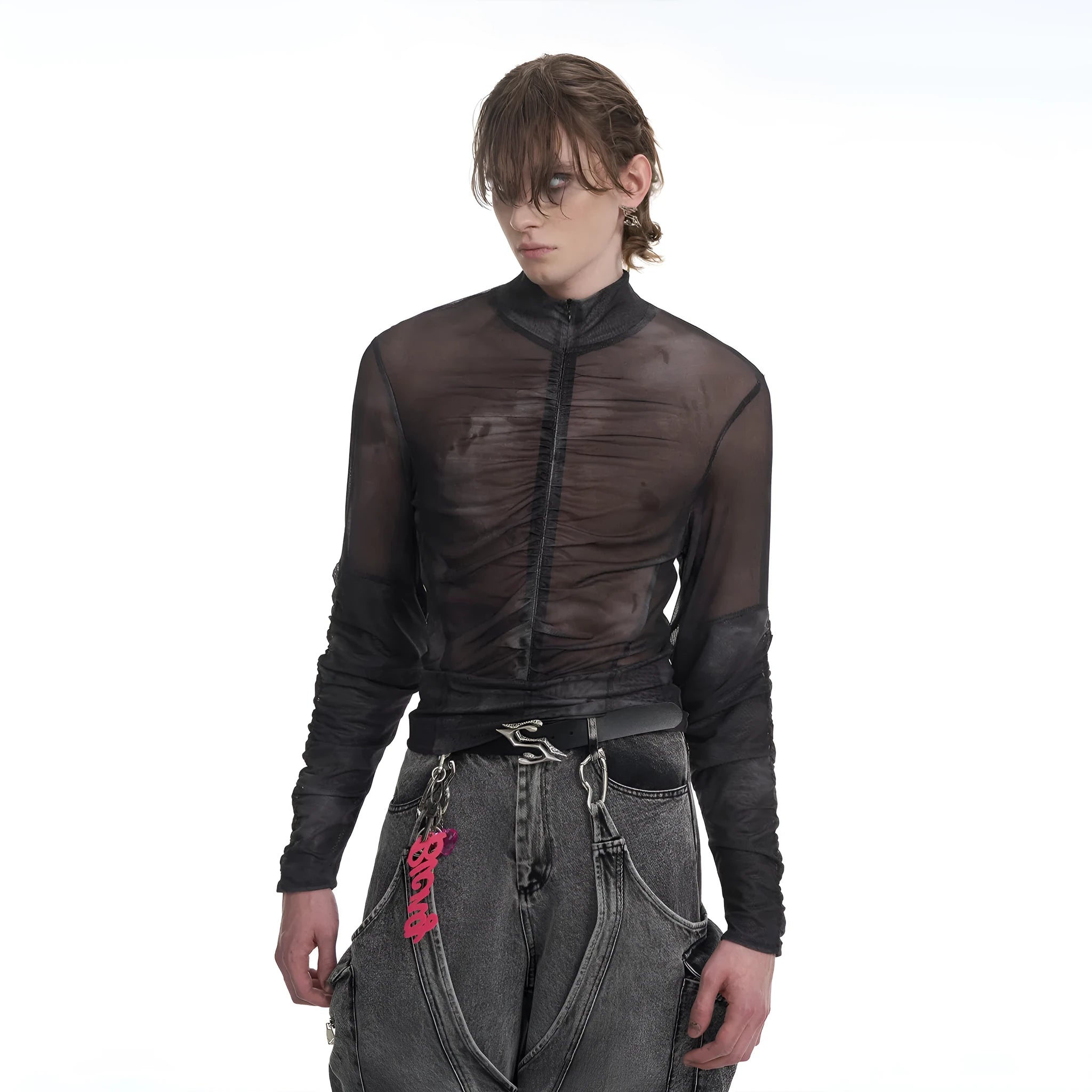 Men's black grey half turtleneck long-sleeved t-shirt with mesh zipper detail on the bottom hem.