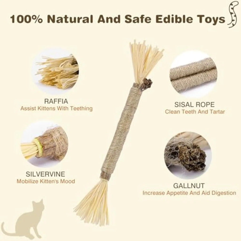 Three natural silvervine chew sticks for cats with sisal rope and raffia dental toy