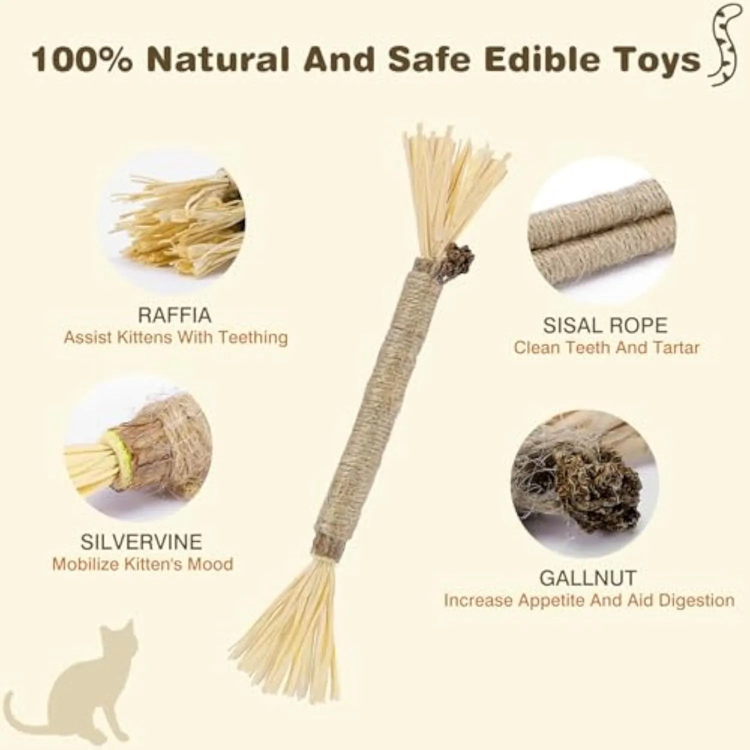Three natural silvervine chew sticks for cats with sisal rope and raffia dental toy