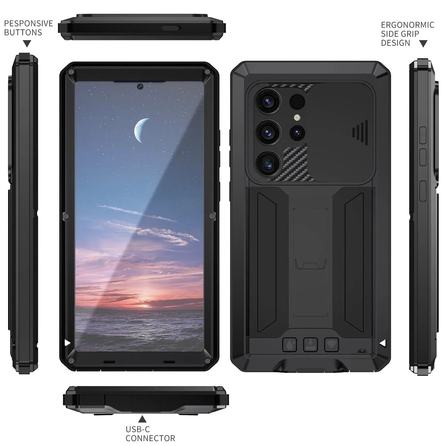 Metal phone case with invisible bracket for Samsung S25 Ultra in black showing rear camera cutout