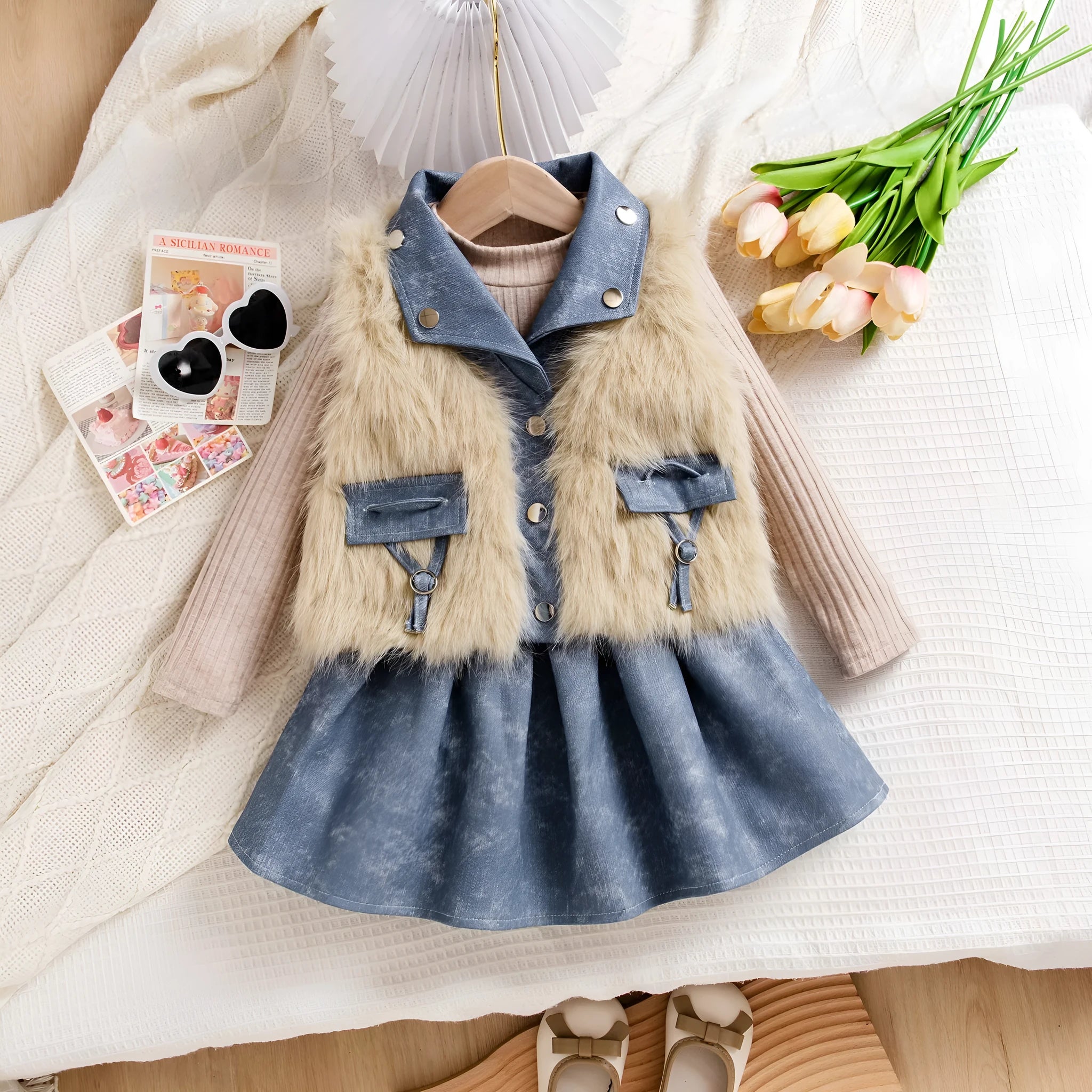 Girls apricot three-piece set with sleeveless top, denim skirt, and knitted vest, polyester fabric, sizes 4Y to 7Y