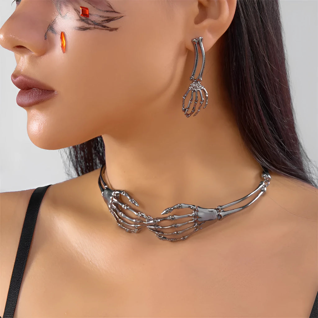 Dark style skull and ghost hand necklace and earrings set in silver or black electroplated alloy with 41-50cm chain