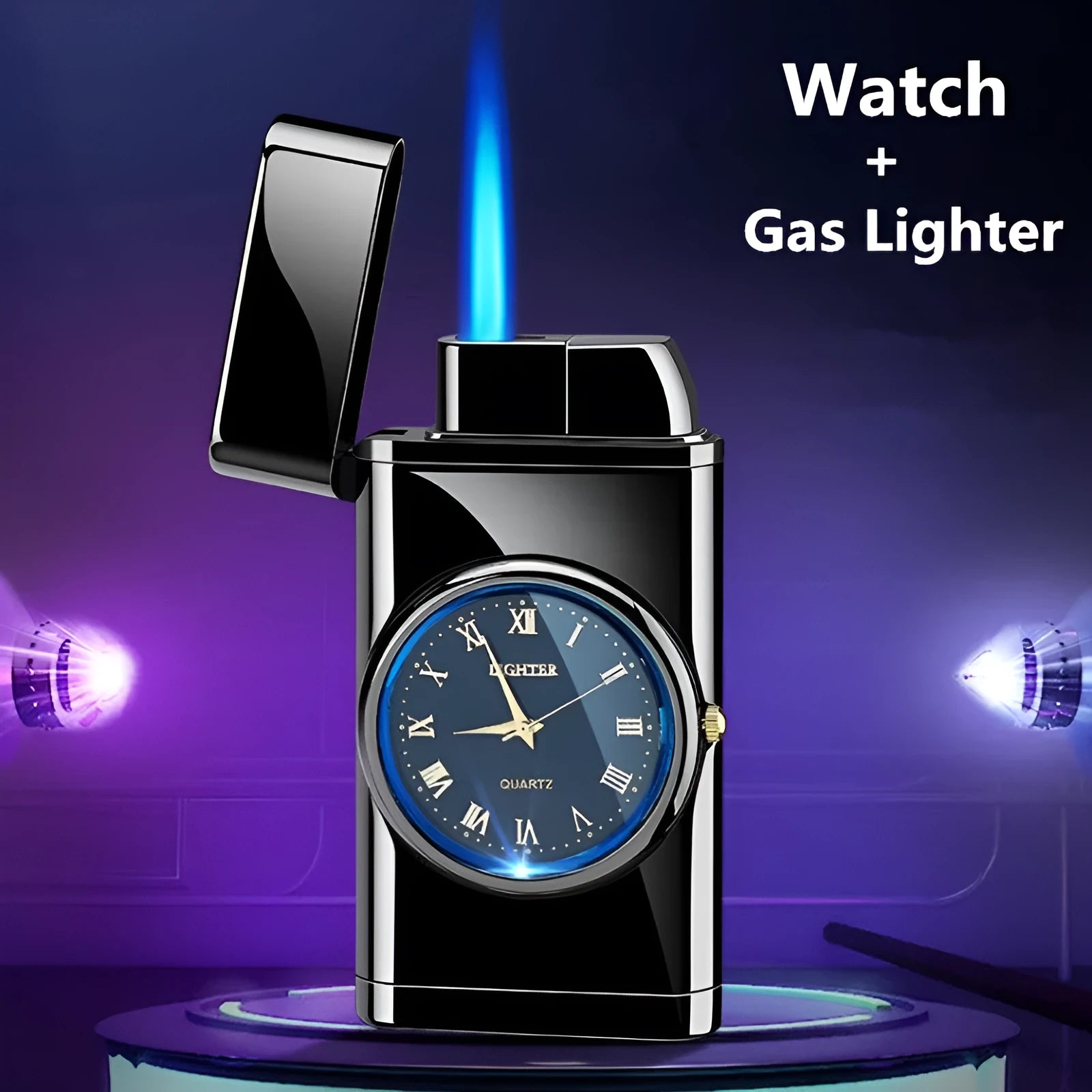 Electronic watch gas lighter with LED flash in black brushed metal finish.