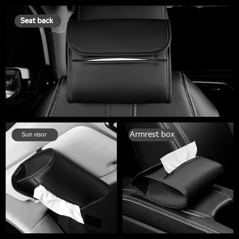 Leather car tissue box with elastic band mounting in five colour options