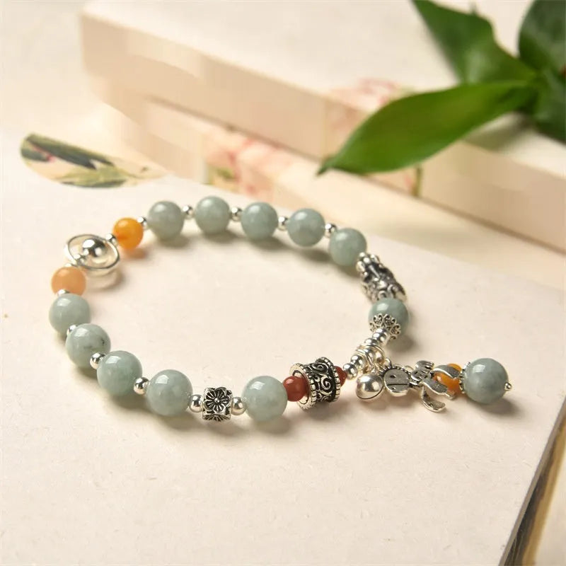 Natural emerald vintage bracelet with jade stone and antique alloy setting in retro style
