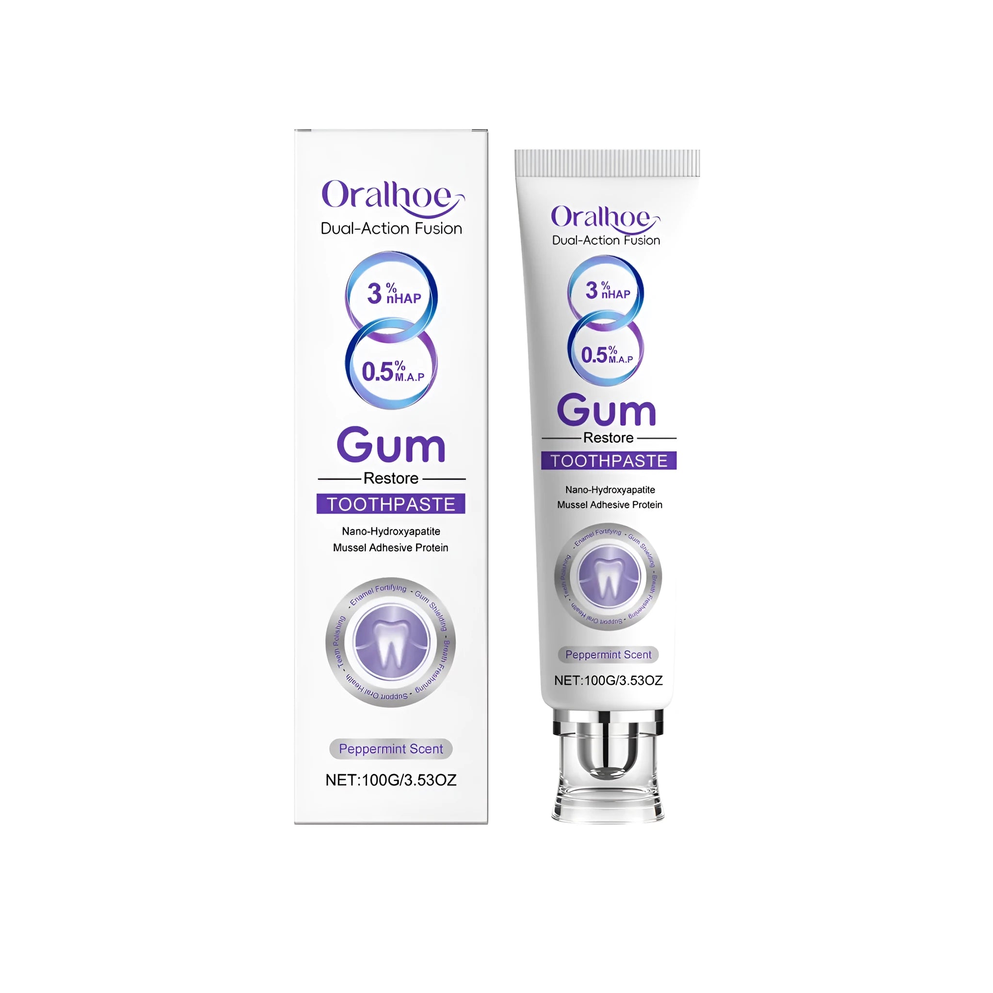 100g tube of Gum Restore Toothpaste on a bathroom counter.
