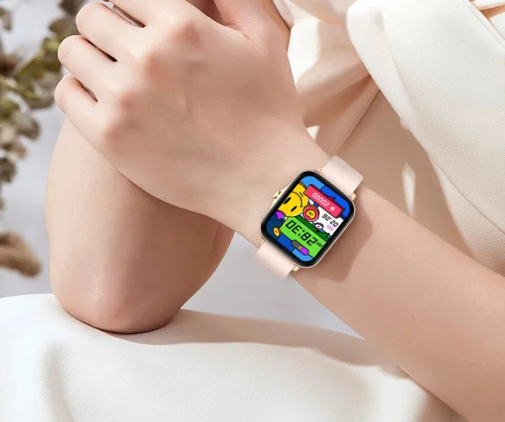 Smart watch with 1.7-inch colour touch screen showing fitness data, available in black, blue, or gold with adjustable strap