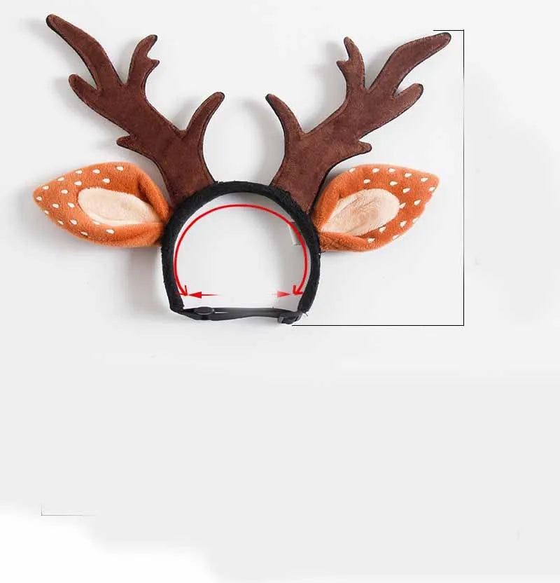 Yellow plush pet antler headband with adjustable hoop on a dog, Christmas reindeer costume