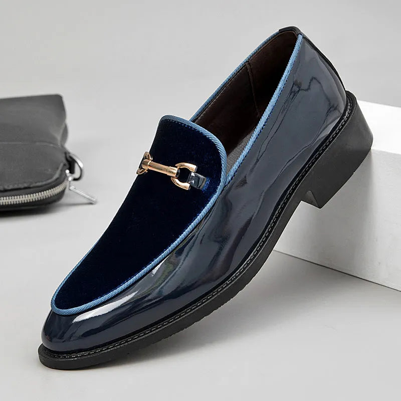 Patent leather shiny wedge heel shoes oversleeve design black green sky blue rubber sole unisex