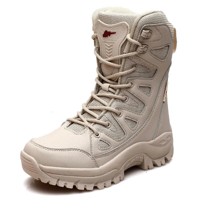 Cowhide leather hi-top hiking shoes in beige, black, and brown colours