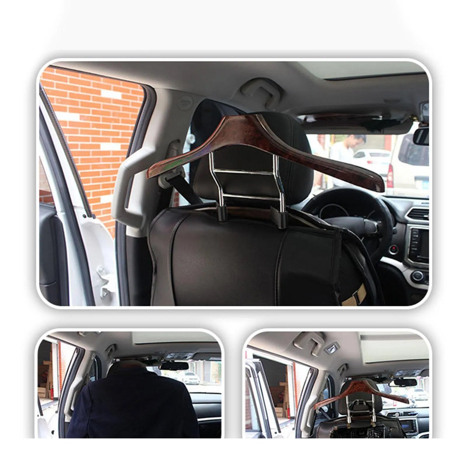 Wood yellow stainless steel car clothes hanger for suits and coats on a vehicle headrest.