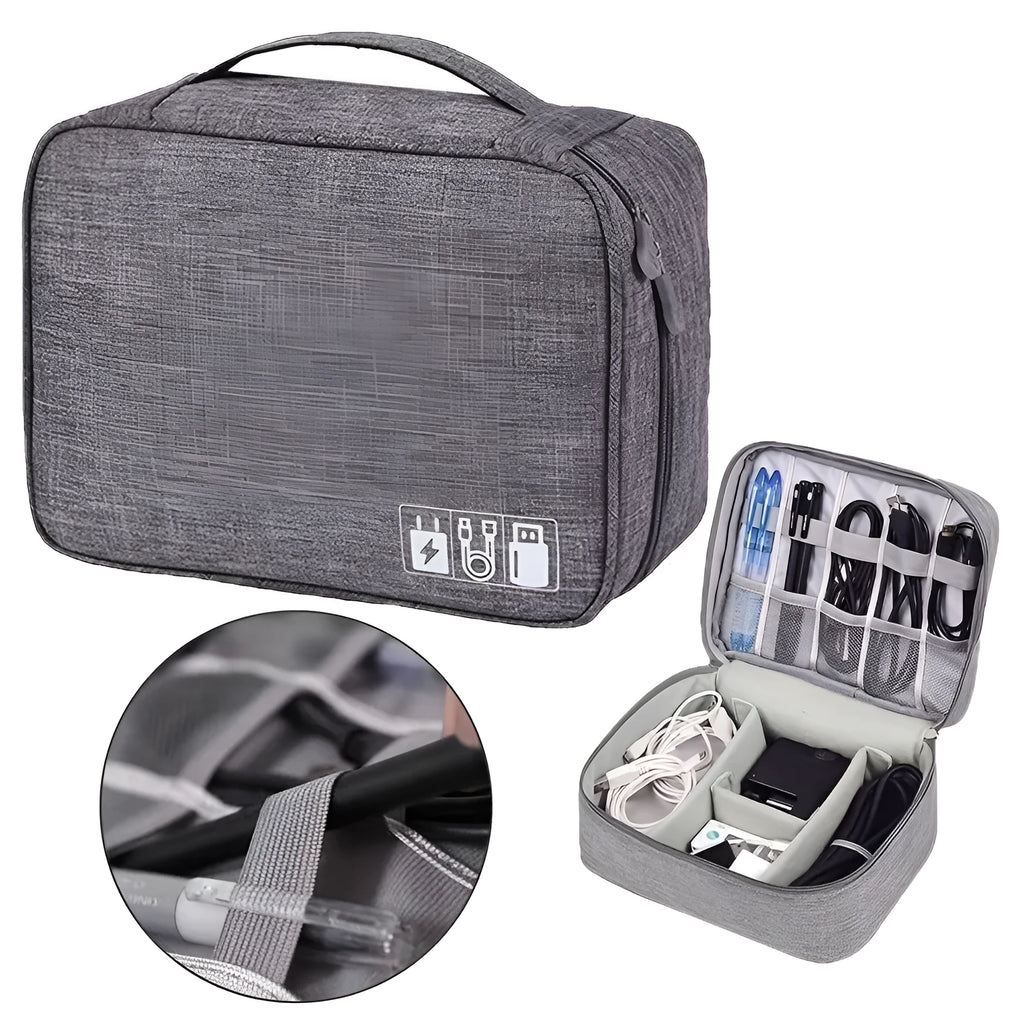 Black waterproof electronics organiser bag open, showing mesh pockets, elastic loops, and removable padded dividers inside.