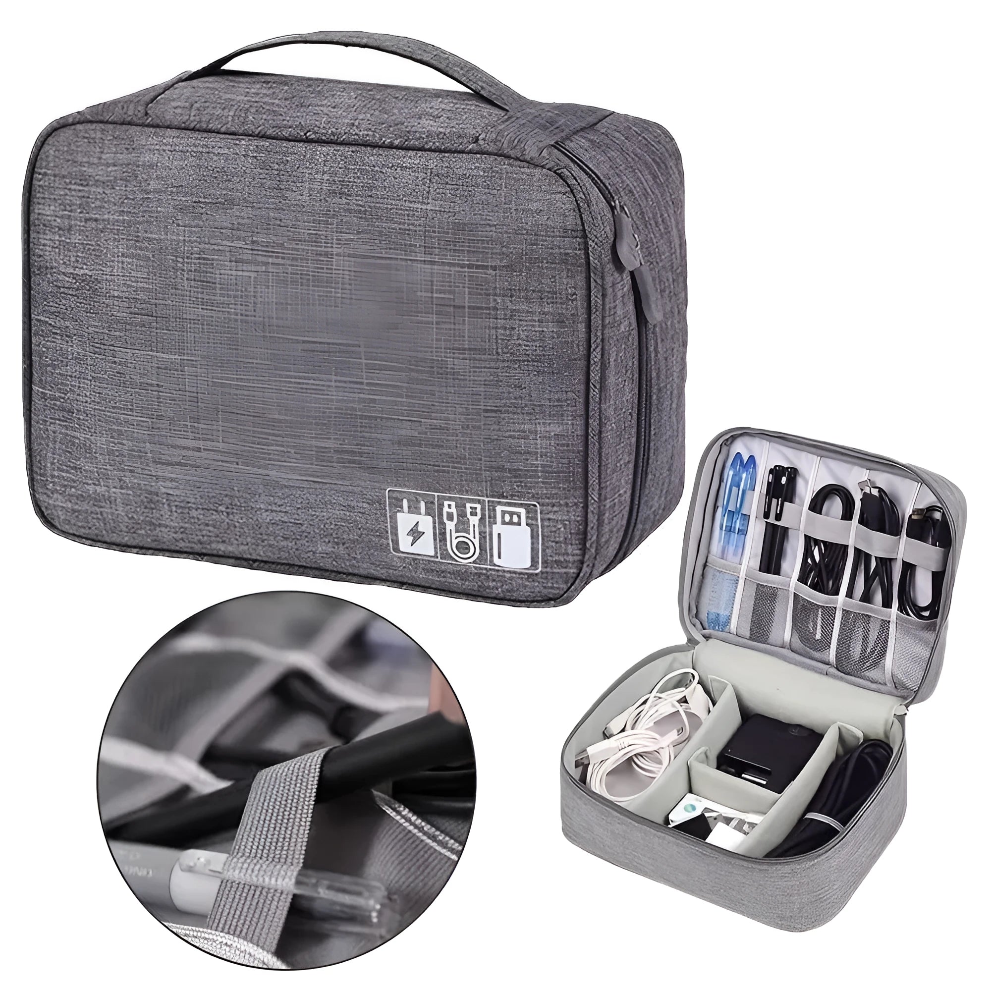 Black waterproof electronics organiser bag open, showing mesh pockets, elastic loops, and removable padded dividers inside.
