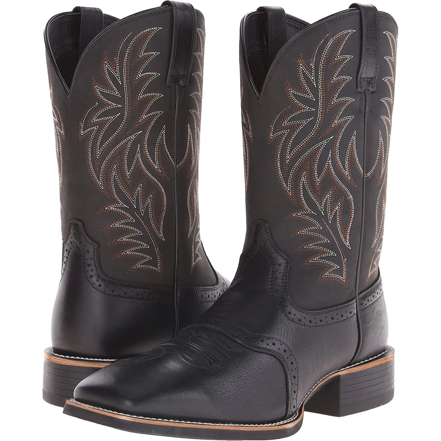 Black western cowboy boots with intricate ethnic embroidery stitching and a wide square toe.