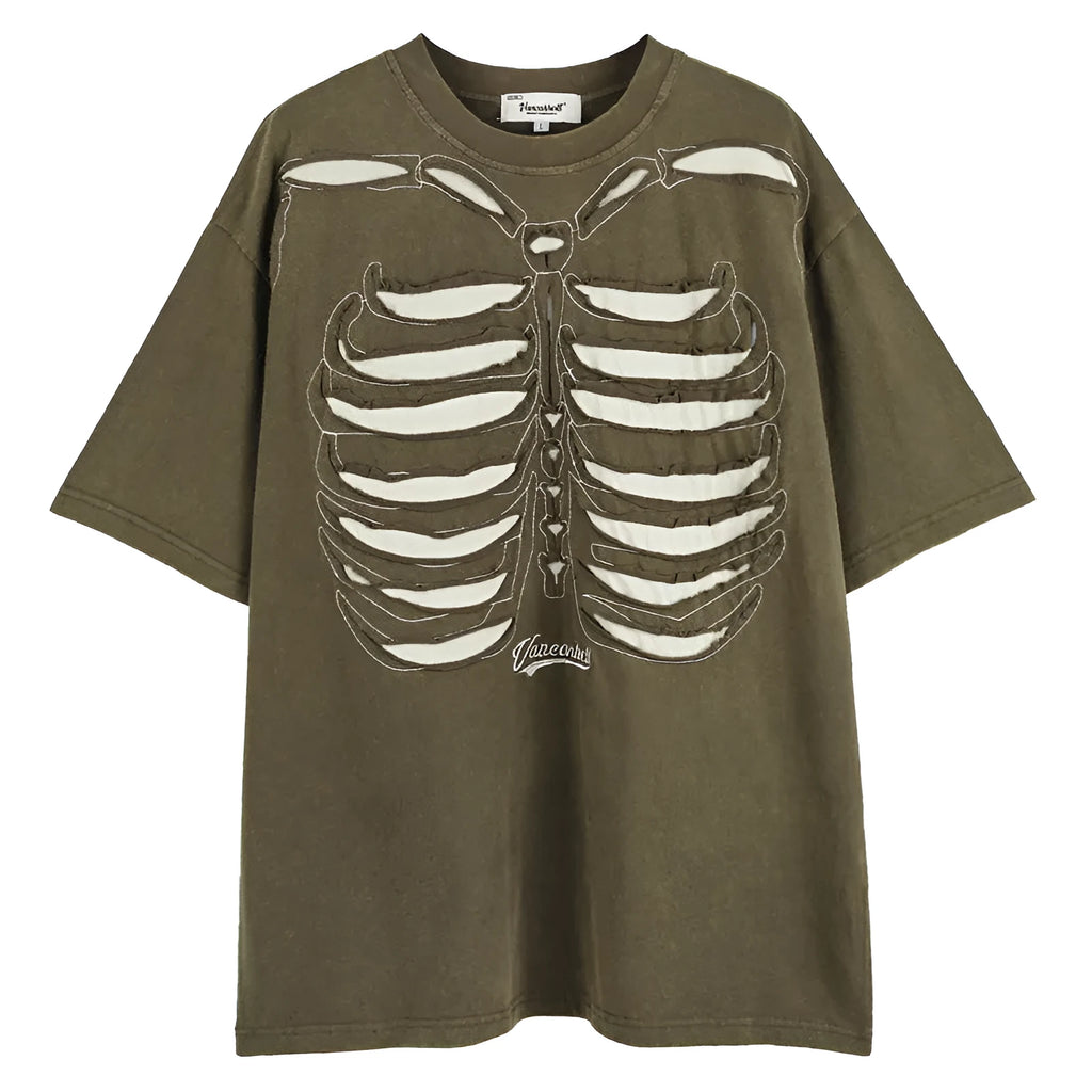 Man's loose black cotton t-shirt with skull and text print, featuring drop-shoulder sleeves.