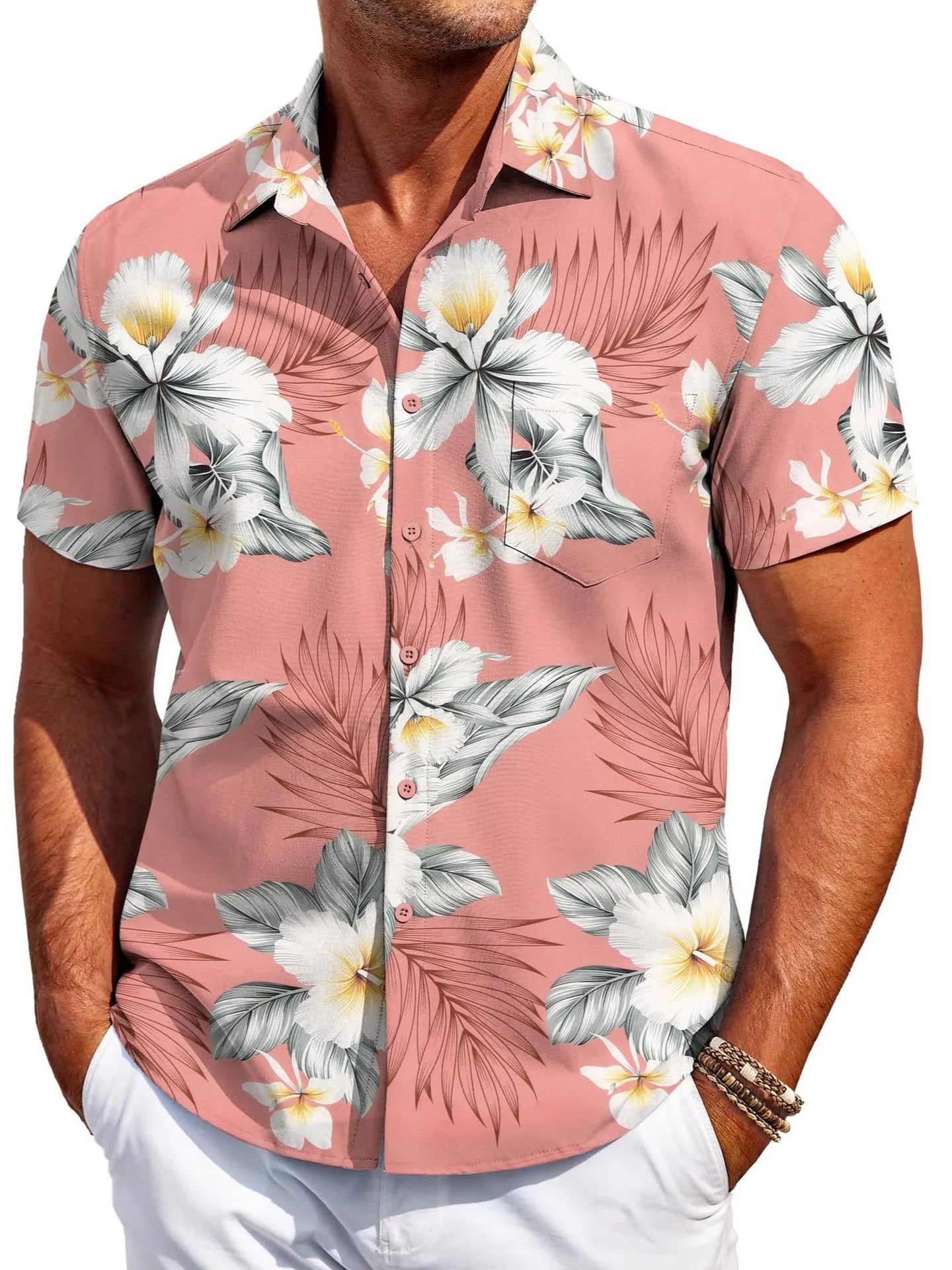 Men's slim fit Hawaiian short sleeve cardigan shirt in elastic polyester fabric on a model.