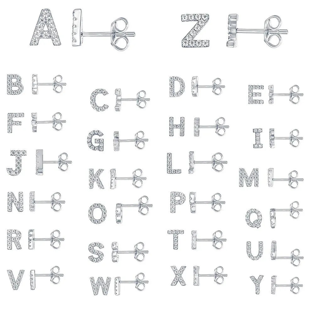 Gold plated copper stud earrings showing a single English letter, part of a full alphabet set.