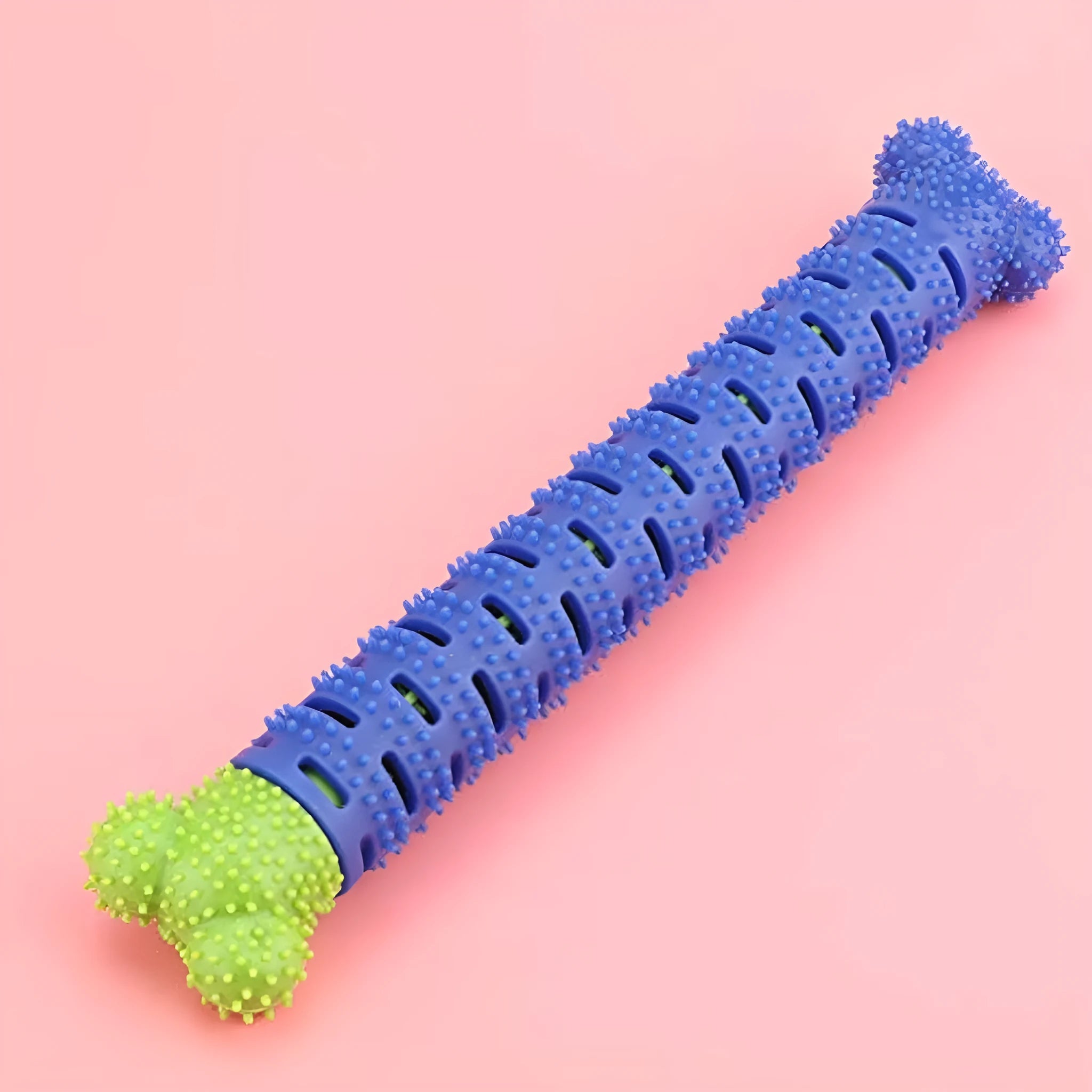 Blue silicone dog chew toy with textured brush head design for dental cleaning.