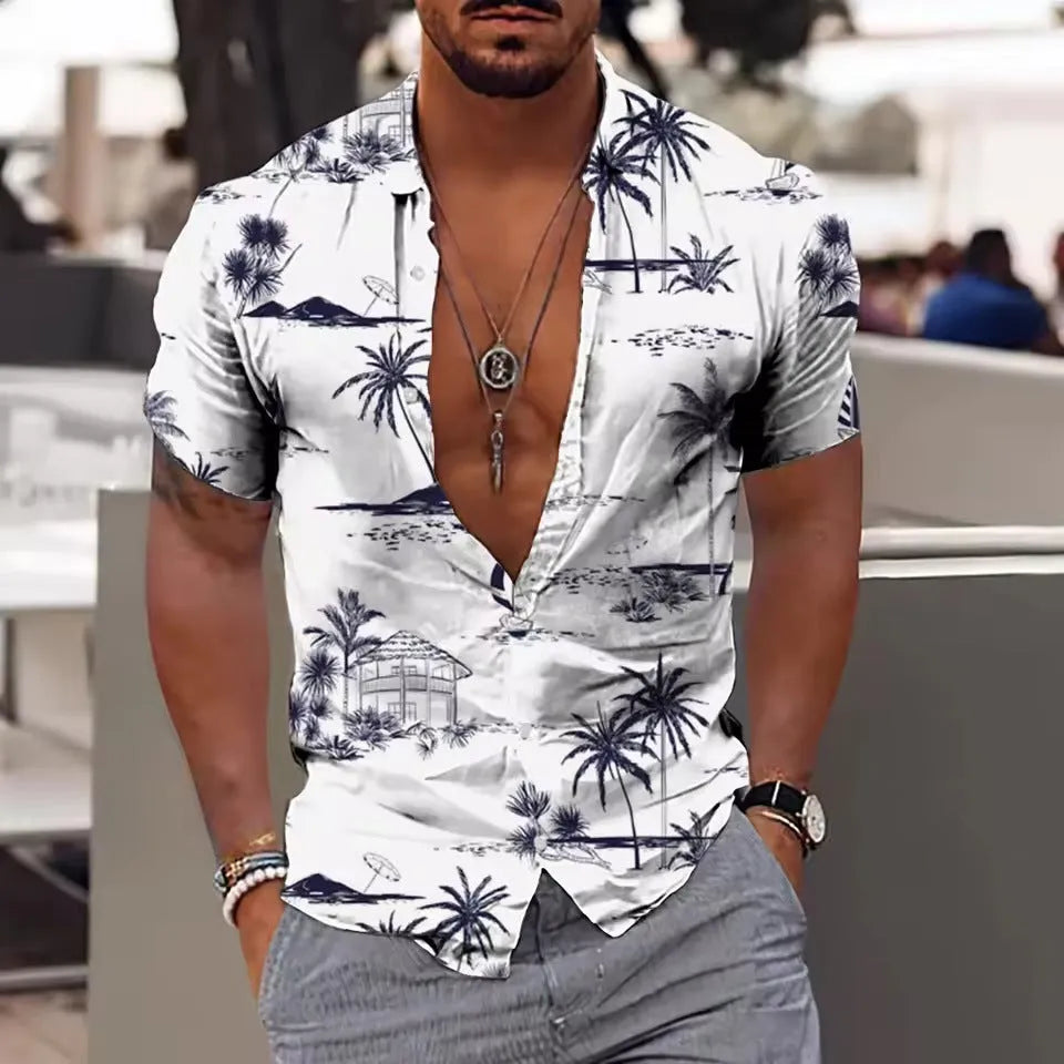 Man wearing a loose-fit short sleeve floral print shirt in a cardigan style