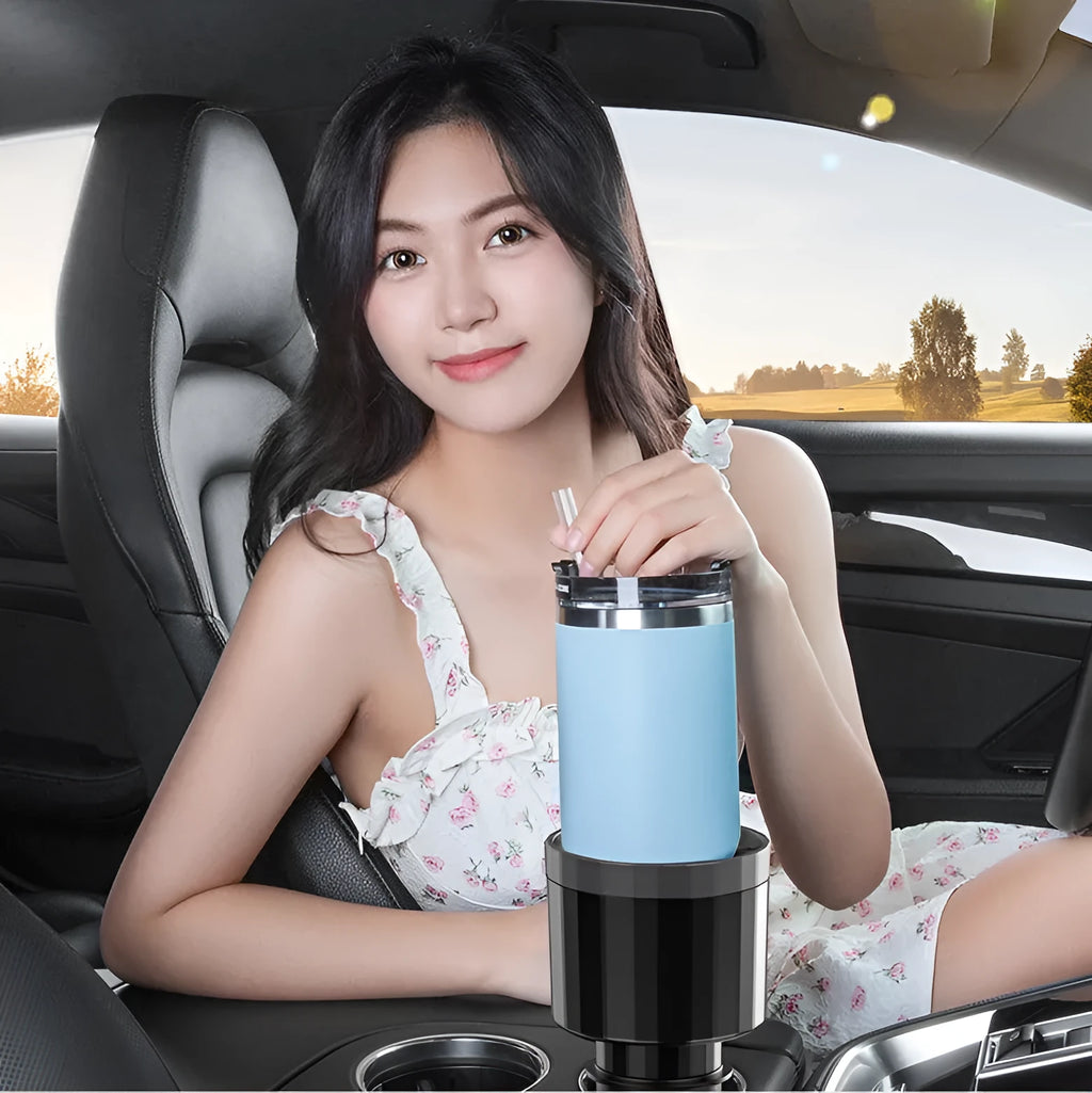 Matte black adjustable car cup holder expander for oversized bottles and large cups