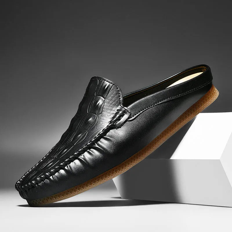 Men's black summer semi-slippers with artificial PU upper and rubber sole, breathable design