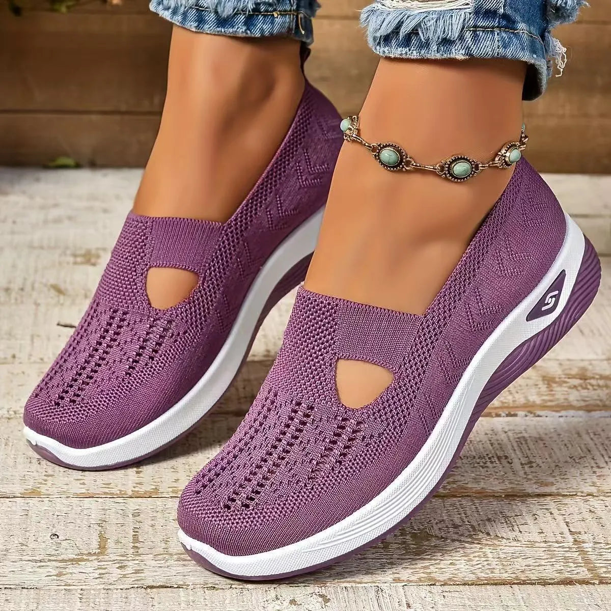 Women's casual flat mesh shoes with T-strap in assorted colours on soft PVC sole