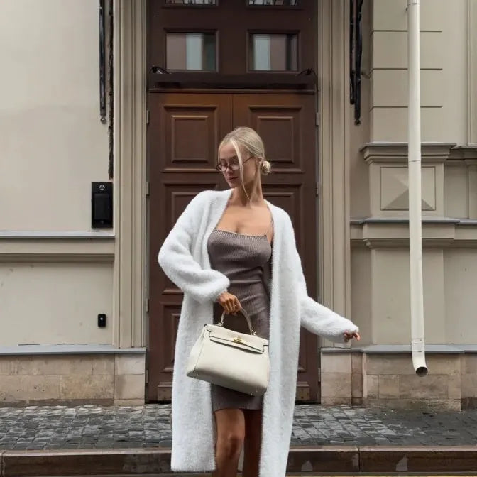White longline loose fit knitted cardigan jacket for women
