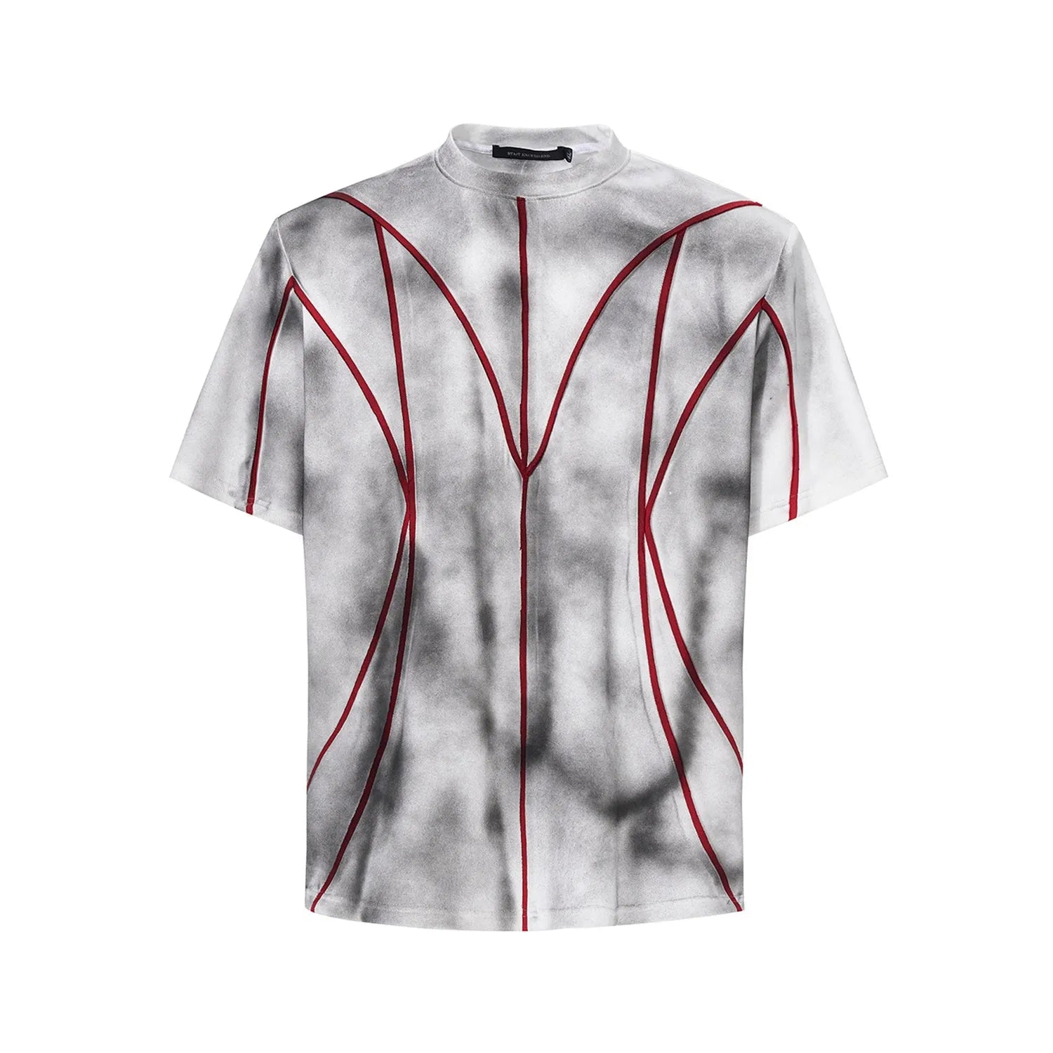 Women's short sleeve T-shirt with padded shoulders and textured line patchwork detail on a round neck.