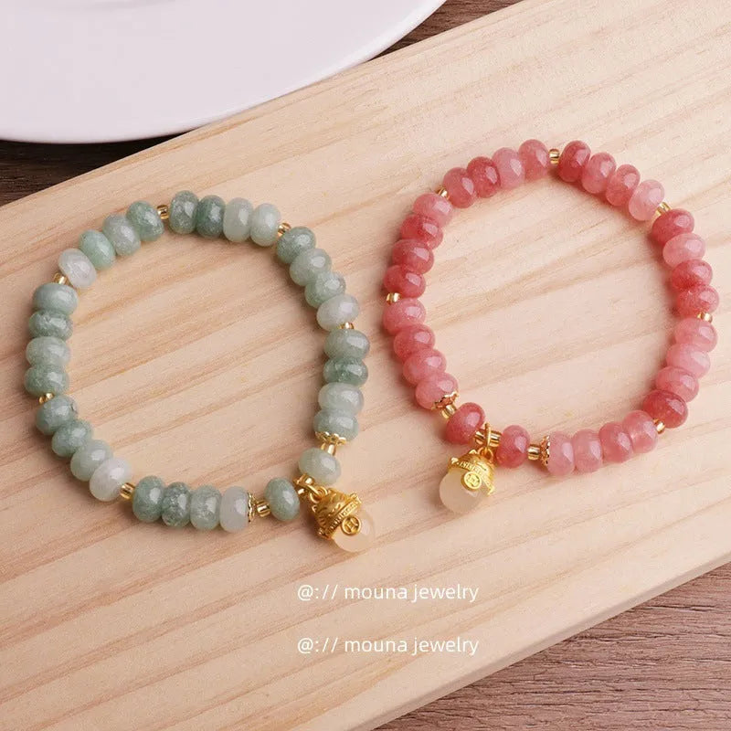 Women's retro strawberry quartz lucky cat bracelet with manual craftsmanship