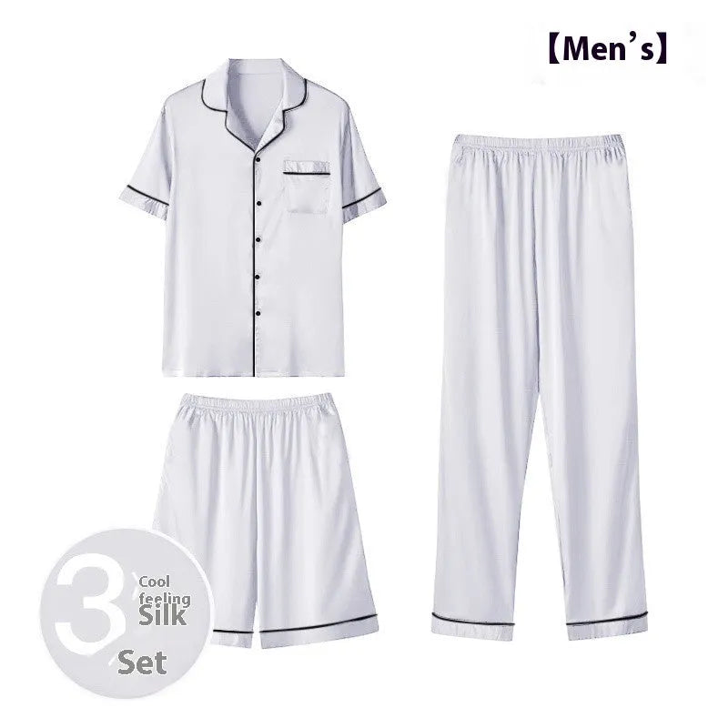 Men's ice silk three-piece home wear set in thin fabric showing top, shorts, and trousers.