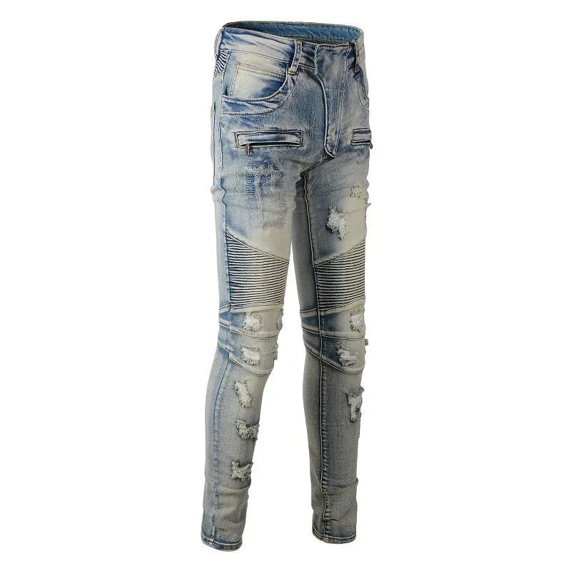 Light blue men's slim fit distressed jeans with hand-frayed detailing and a straight leg cut.