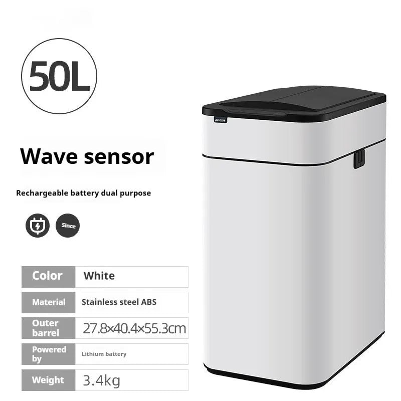 Stainless steel square inductive smart trash can with sensor lid and large capacity.