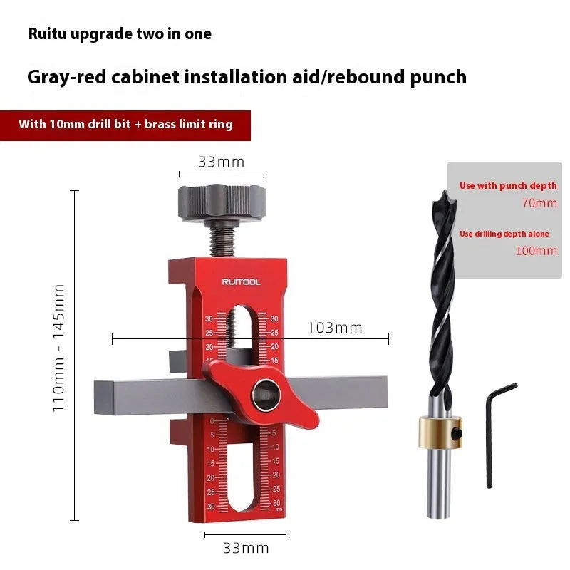 Aluminium alloy cabinet door installation aid tool for woodworking projects on a workbench.