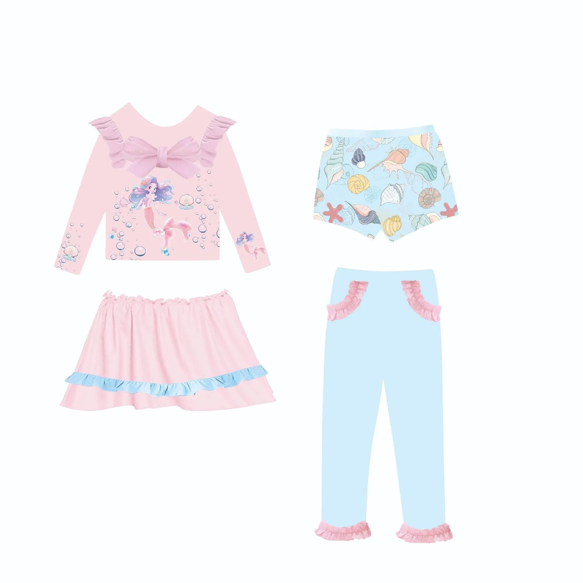 Girl's gilded mermaid swimsuit set with top, skirt, trousers, and shorts in polyester fabric