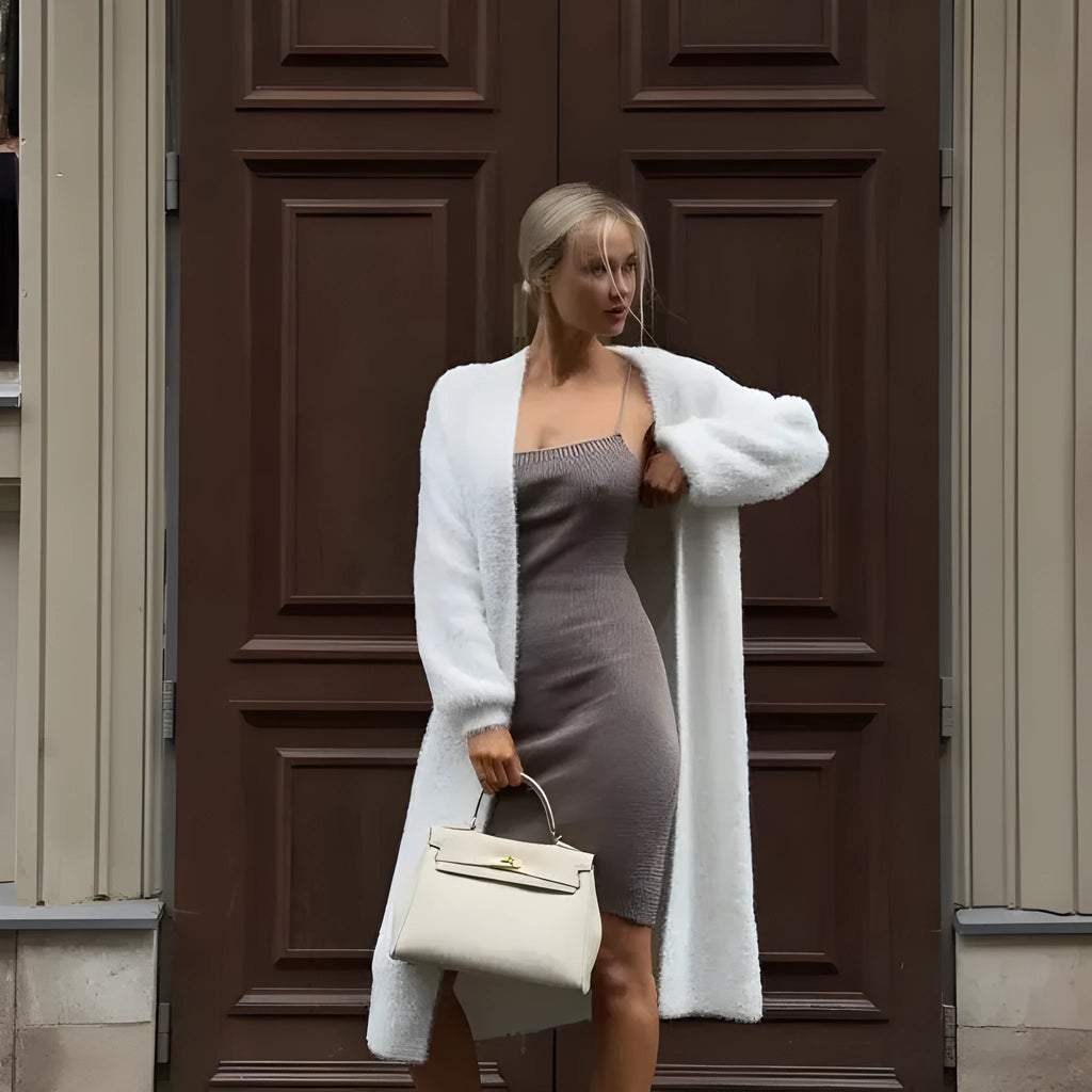 White longline loose fit knitted cardigan jacket for women