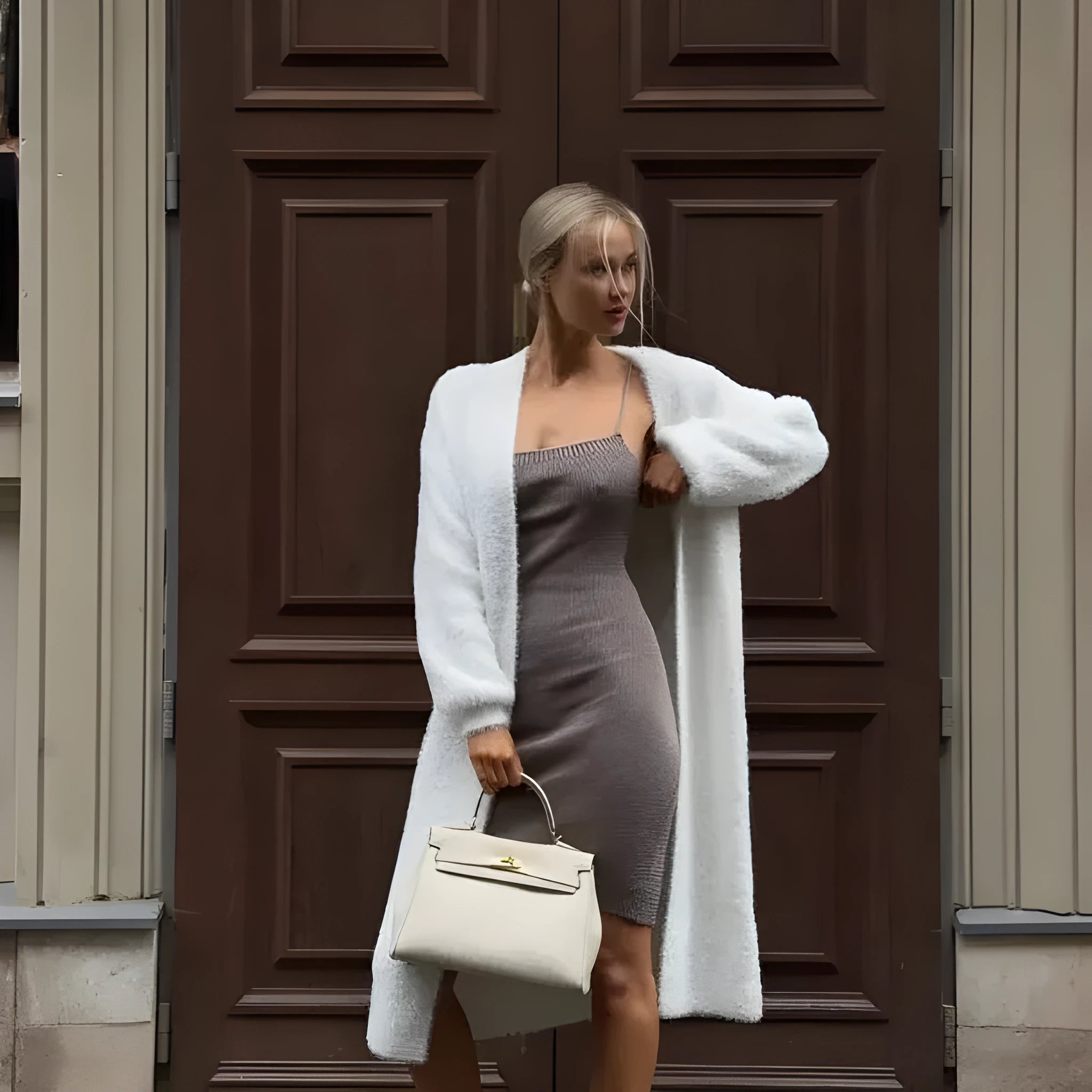 White longline loose fit knitted cardigan jacket for women