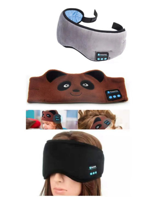 Black Bluetooth sleep mask headphones showing soft eye mask with integrated flat earphones and adjustable strap.