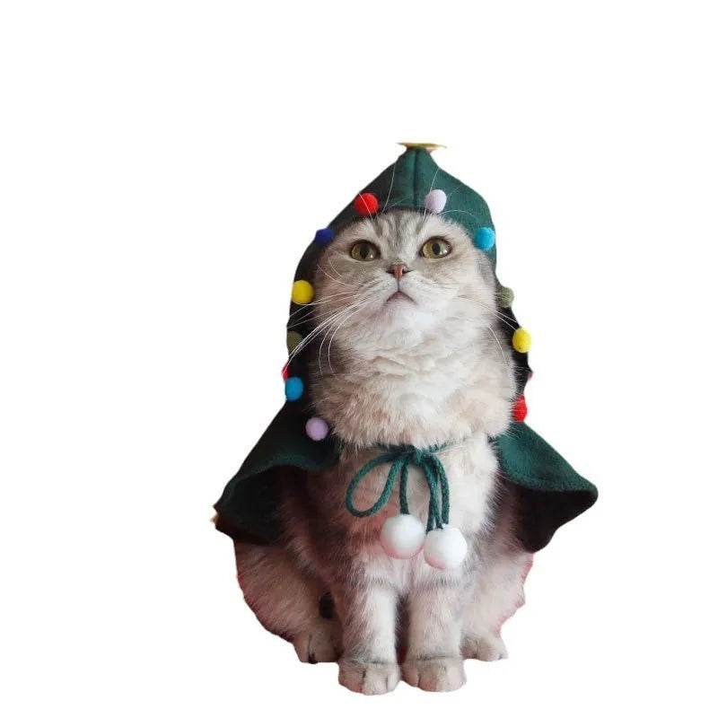 A dog wearing a red polar fleece Christmas cloak with a hood, a festive pet winter garment.
