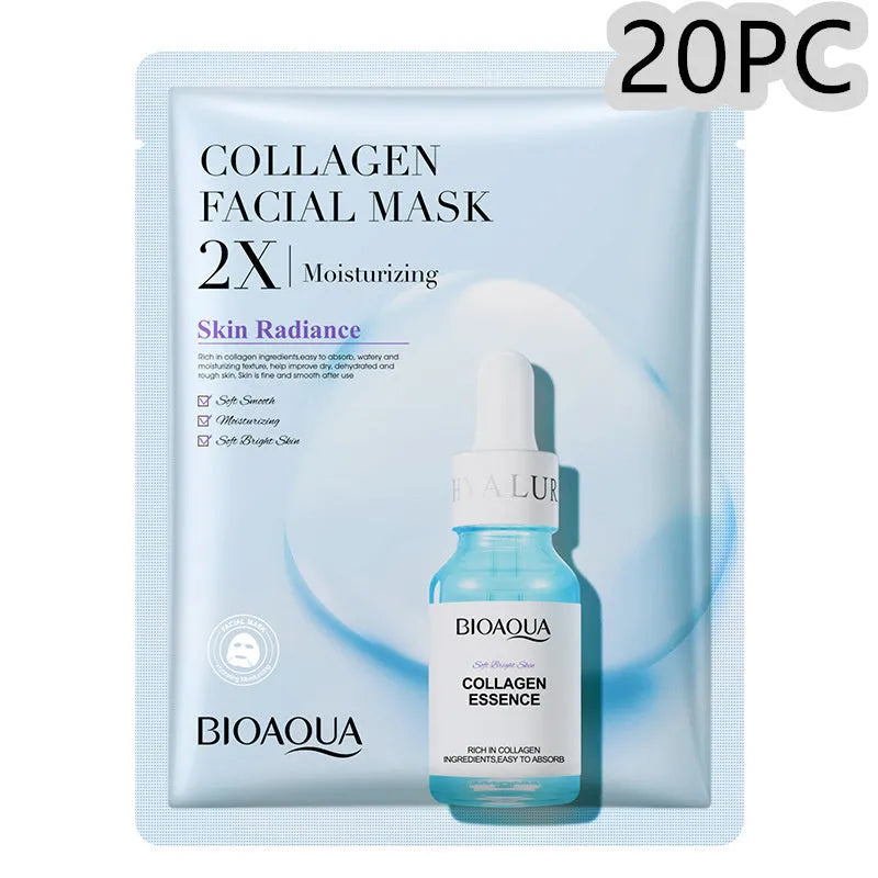 Single collagen facial sheet mask with 30g of clear gel on white background.