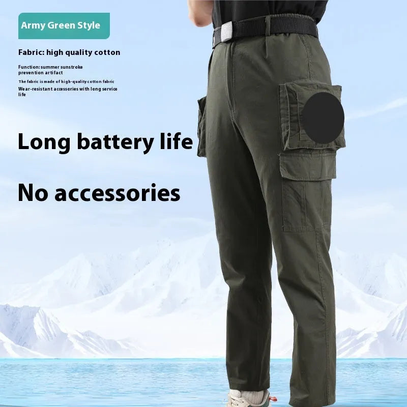 Men's pure cotton welder's fan pants in Army Green with battery accessory
