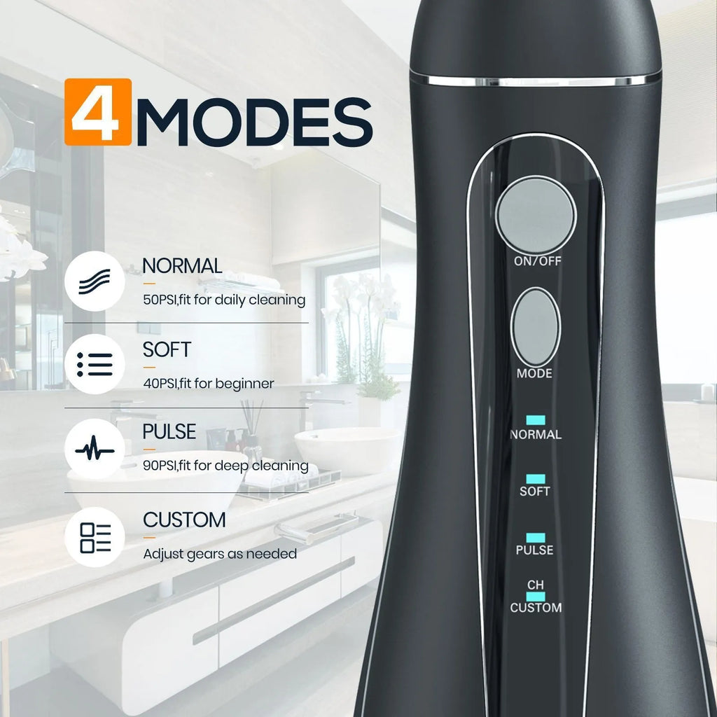 Black Prooral Mornwell portable oral irrigator with water tank and nozzle for dental cleaning.